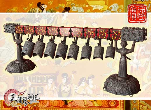 8件古編鐘，銅人銅座裝飾，可發(fā)音